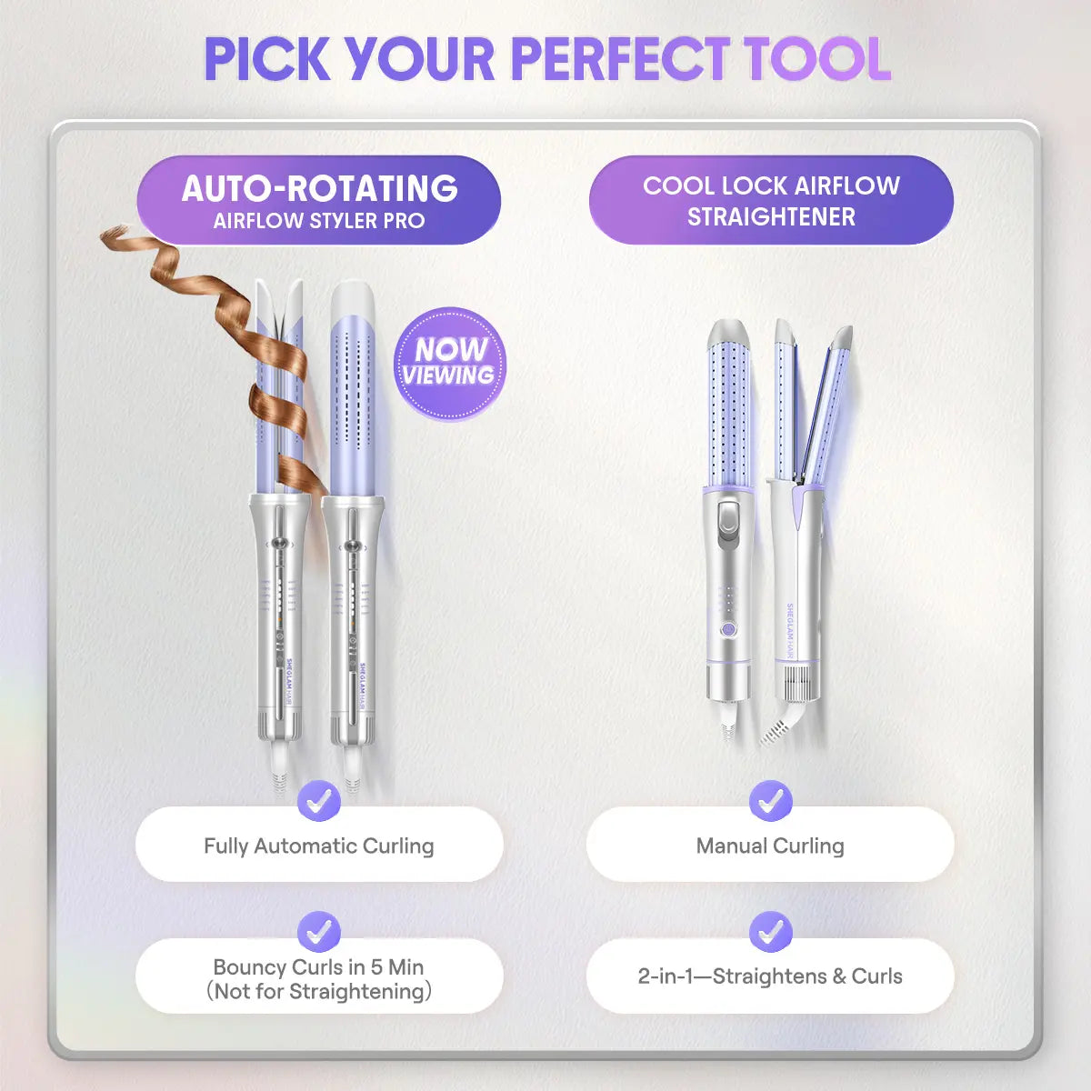 SHEGLAM HAIR One Touch Airflow Styler Pro-Silver Purple, Cool Air Auto-Rotating Curling Iron, 5 Min Quick Styling, 360° Cooling Airflow, One Touch, Long-Lasting, 5 Temps, Anti-Scald, Auto Off, for All Hair Types - US Plug-Coachella-#