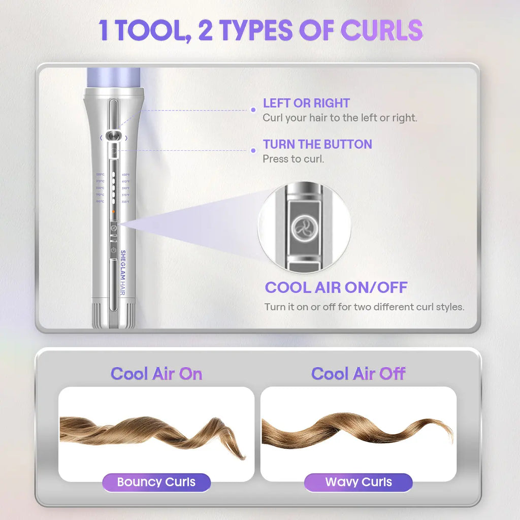 SHEGLAM HAIR One Touch Airflow Styler Pro-Silver Purple, Cool Air Auto-Rotating Curling Iron, 5 Min Quick Styling, 360° Cooling Airflow, One Touch, Long-Lasting, 5 Temps, Anti-Scald, Auto Off, for All Hair Types - US Plug-Coachella-#