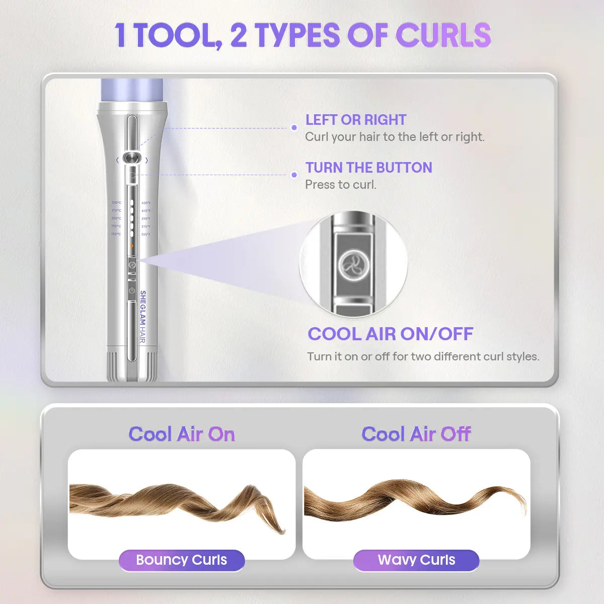 SHEGLAM HAIR One Touch Airflow Styler Pro-Silver Purple, Cool Air Auto-Rotating Curling Iron, 5 Min Quick Styling, 360° Cooling Airflow, One Touch, Long-Lasting, 5 Temps, Anti-Scald, Auto Off, for All Hair Types - US Plug-Coachella-#