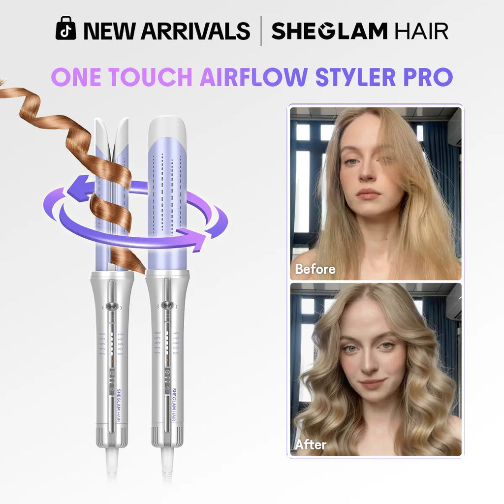SHEGLAM HAIR One Touch Airflow Styler Pro-Silver Purple, Cool Air Auto-Rotating Curling Iron, 5 Min Quick Styling, 360° Cooling Airflow, One Touch, Long-Lasting, 5 Temps, Anti-Scald, Auto Off, for All Hair Types - US Plug-Coachella-#