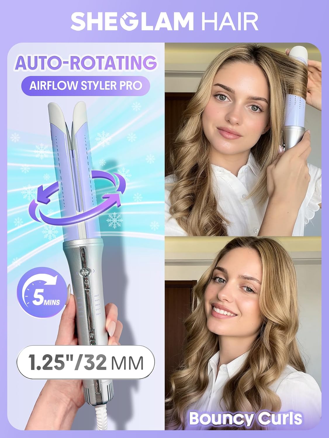 One Touch Airflow Styler Pro1.25 Inch Automatic Rotating 3.0 Cool Air Technology for No-Wait, Curling Iron, Bouncy & Long-Lasting Curls, Zero Burn Risk, 5 Temp Settings