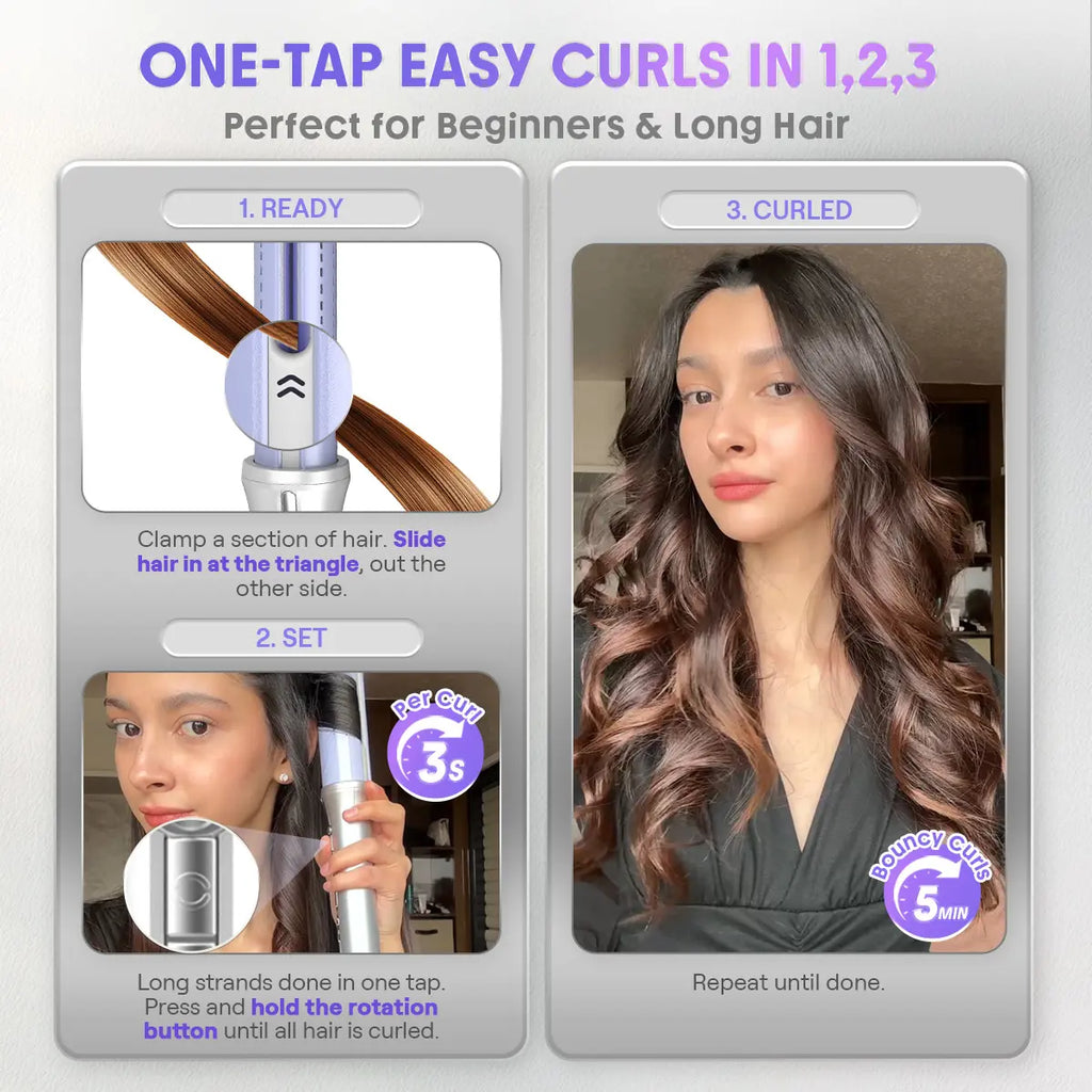 SHEGLAM HAIR One Touch Airflow Styler Pro-Silver Purple, Cool Air Auto-Rotating Curling Iron, 5 Min Quick Styling, 360° Cooling Airflow, One Touch, Long-Lasting, 5 Temps, Anti-Scald, Auto Off, for All Hair Types - US Plug-Coachella-#