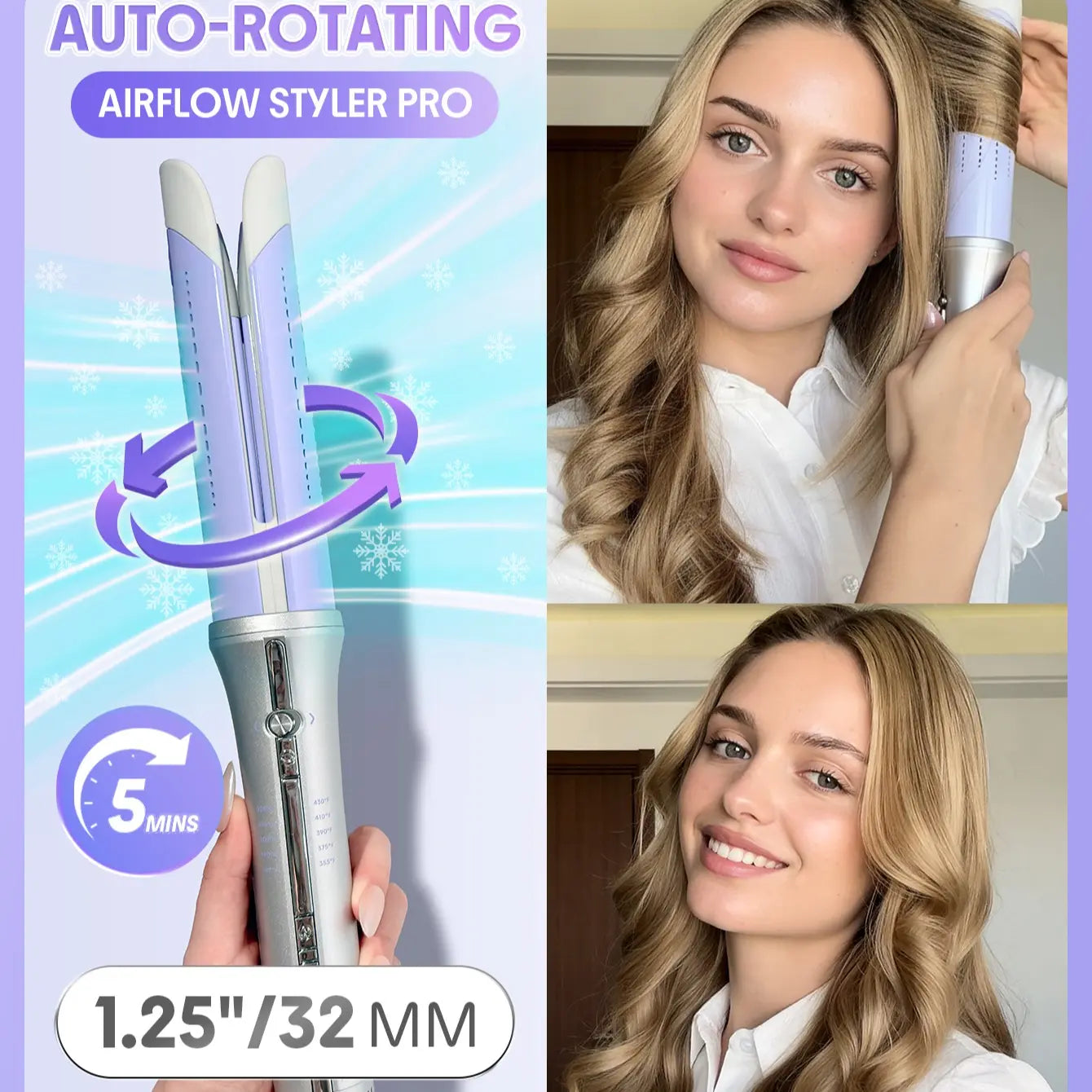 SHEGLAM HAIR One Touch Airflow Styler Pro-Silver Purple, Cool Air Auto-Rotating Curling Iron, 5 Min Quick Styling, 360° Cooling Airflow, One Touch, Long-Lasting, 5 Temps, Anti-Scald, Auto Off, for All Hair Types - US Plug-Coachella-#